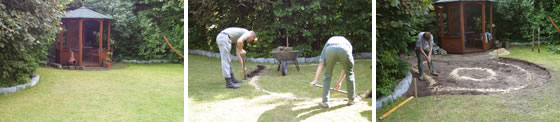 Construccion de un estanque de jardin con lamina, pasos 1, 2, y 3