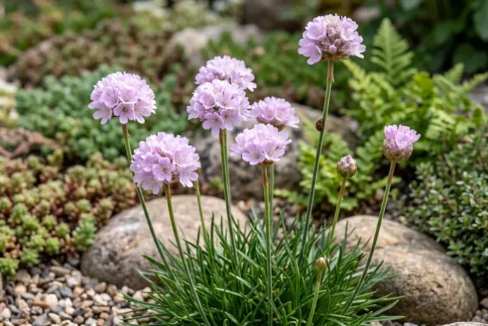 Flores de Armeria maritima en el jardín Flores de Armeria maritima en el jardín