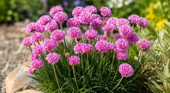 Flores de Armeria maritima rosa en el jardín Flores de Armeria maritima rosa en el jardín