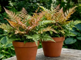 Helecho Dryopteris erythrosora cultivado en maceta