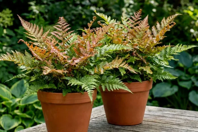 Helecho Dryopteris erythrosora cultivado en maceta Helecho Dryopteris erythrosora cultivado en maceta