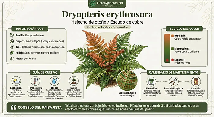 Infografía sobre el helecho dryopteris erythrosora Infografía sobre el helecho dryopteris erythrosora en maceta