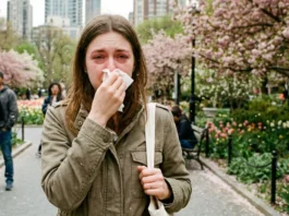 Mujer con síntomas de alergia por el polen del jardín